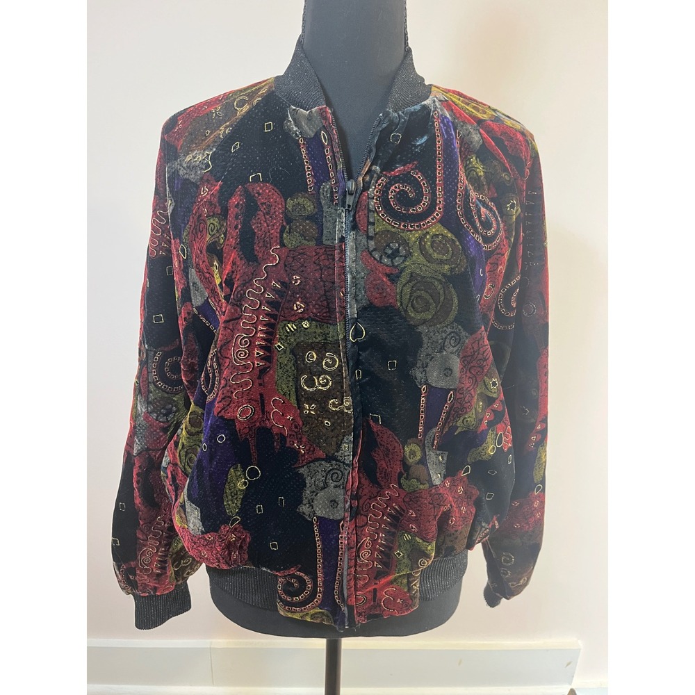 Vintage 90s Velvet Bomber Jacket Abstract Jewel Tone Metallic Gold Size 8 USA